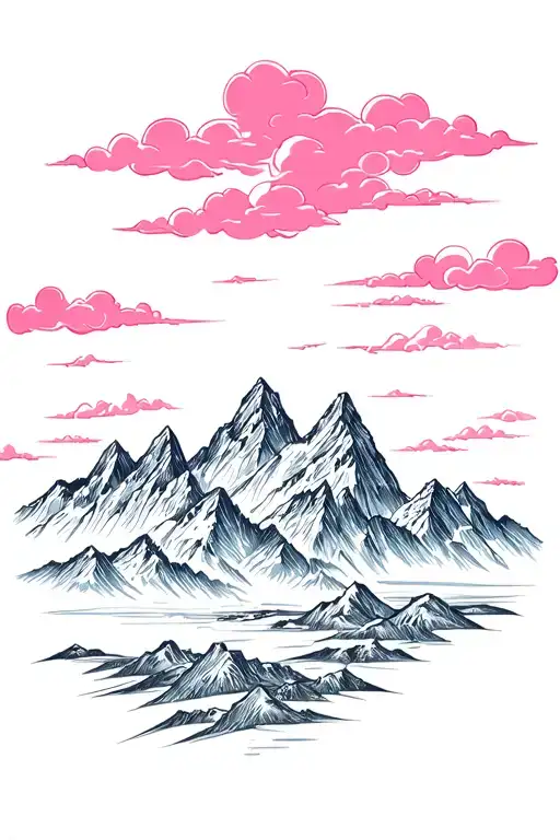 A serene landscape tattoo featuring pink clouds floating over majestic mountains, symbolizing the beauty of nature and the peacefulness of the sky tattoo design idea