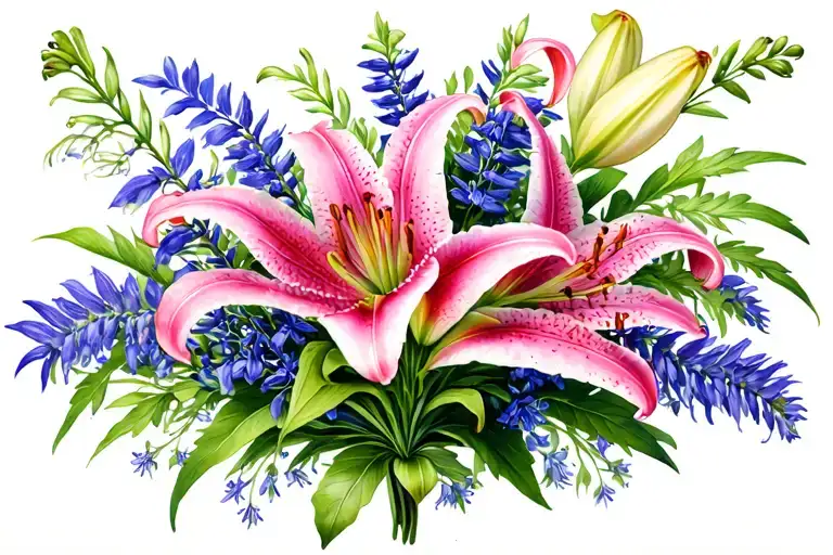 Lily and hyssop bouquet tattoo design idea