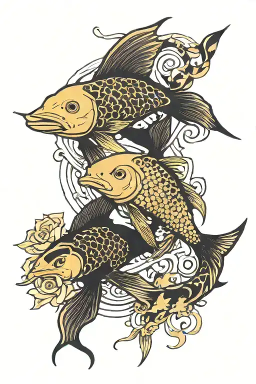fish tui and la from anime avatar in the form of yin and yang zwei black and gold tattoo design idea