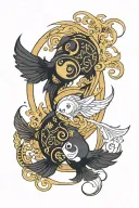 fish tui and la from anime avatar in the form of yin and yang zwei black and gold tattoo design idea