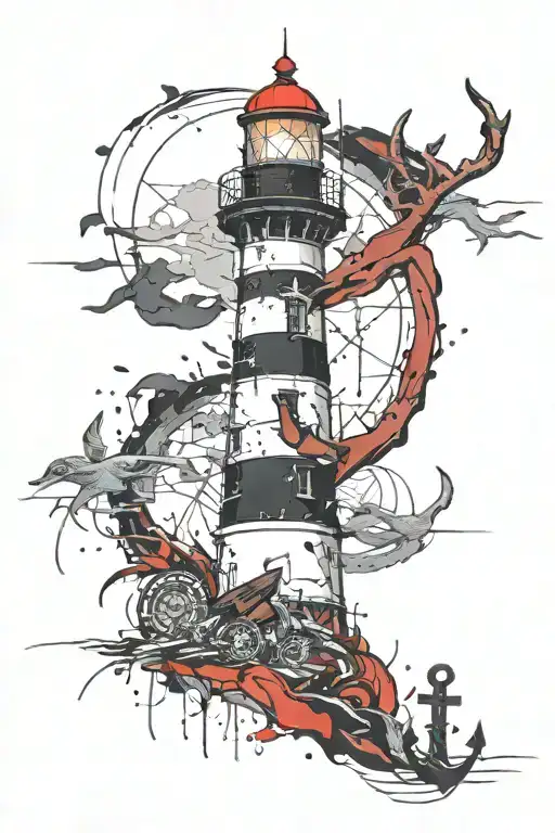 lighthouse, stag head and anchor tattoo design idea