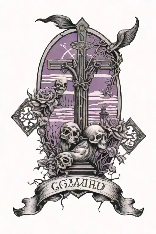graveyard purple sky with gemini zodiac sign tattoo design idea