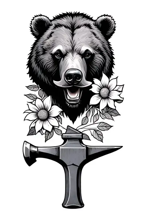 bear head with anvil and hammer in mouth and flower boarder tattoo design idea