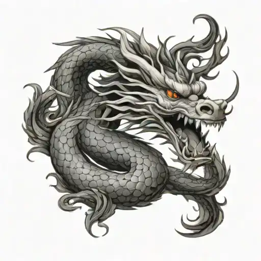 Black and gray dragon tattoo on upper arm, traditional Chinese style, coiled around arm, detailed scales, prominent mane tattoo design idea