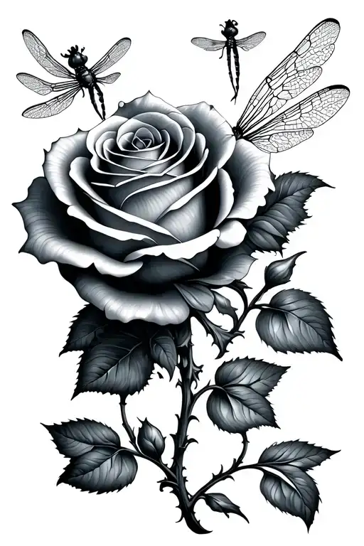 rose with dragonfly simple tattoo design idea