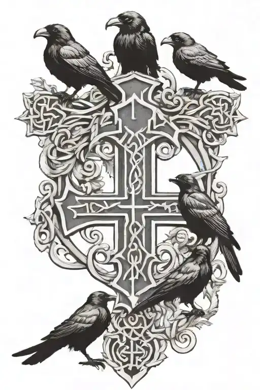 crow family crest with 2 large crows and 4 small crows with celtic cross tattoo design idea
