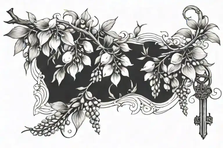 wisteria and botanical with a skeleton key in the middle tattoo design idea
