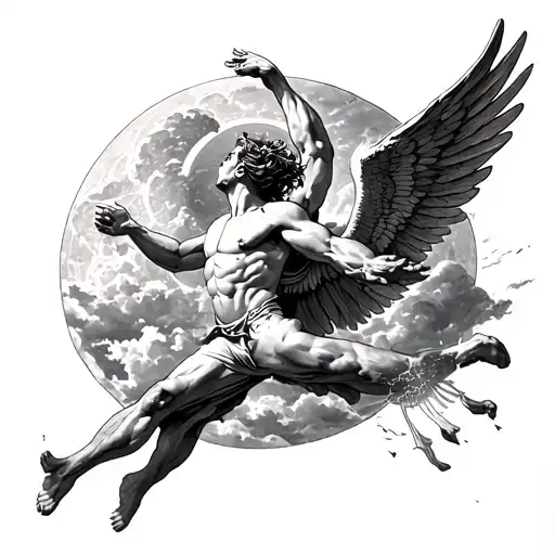 icarus falling from sky while try to reach sun and have a devil's wings tattoo design idea