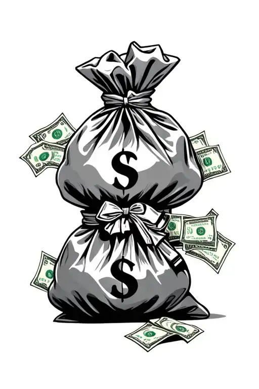 Get rich or die tryin with money bags and dollars and clouds tattoo design idea