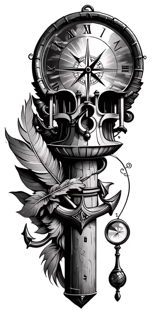 lighthouse, anchor, compass, quill pen, hour glass and magnifying glass tattoo design idea
