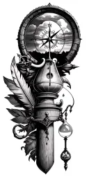 lighthouse, anchor, compass, quill pen, hour glass and magnifying glass tattoo design idea