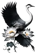 japanese crane bird flying, lotus flower blooming tattoo design idea