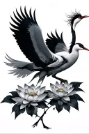 japanese crane bird flying, lotus flower blooming tattoo design idea