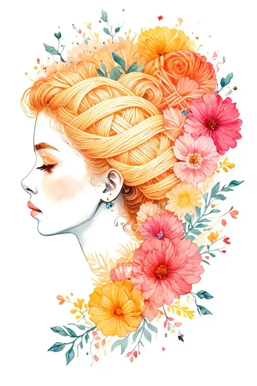 side profile female face with yarn exploding from top of head surrounded by flowers. lots of color tattoo design idea