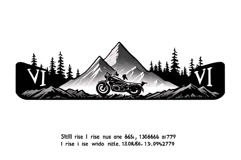 Abstract armband with a motorcycle mountains, trees, 2 dogs, VII number, still i rise quote and 13.068866,74.992779 tattoo design idea