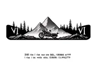 Abstract armband with a motorcycle mountains, trees, 2 dogs, VII number, still i rise quote and 13.068866,74.992779 tattoo design idea