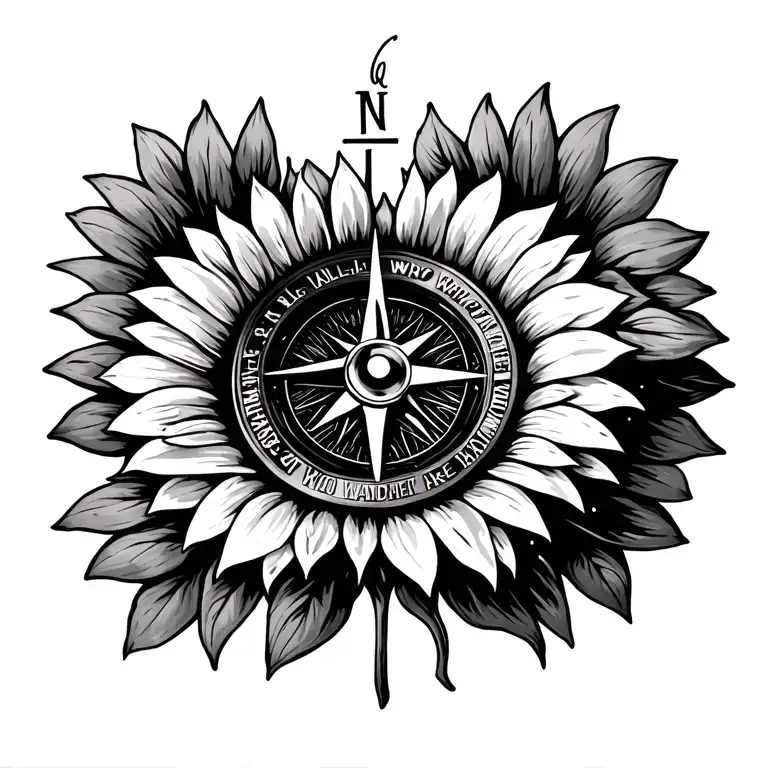 "Not all who wander are lost" sunflower around compass surrounded tattoo design idea