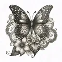 Create a tattoo design symbolizing motherhood with a heart and butterfly motif in a dotwork style tattoo design idea