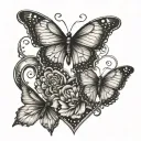 Create a tattoo design symbolizing motherhood with a heart and butterfly motif in a dotwork style tattoo design idea