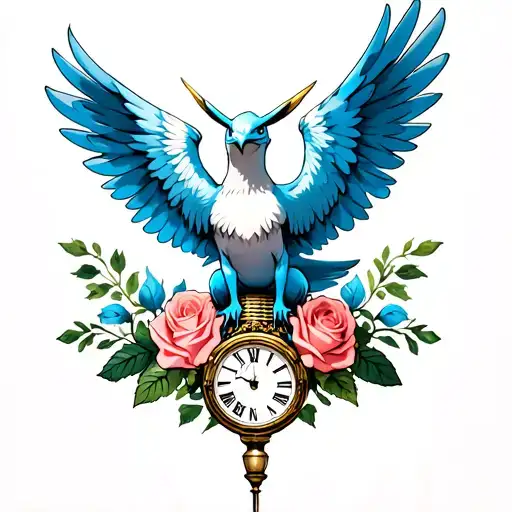 a full arm sleeve tattoo of the pokemon articuno sitting on a mic surrounded by roses with designs of a roman clock tattoo design idea