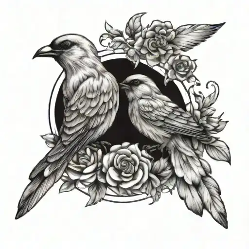 two birds in a circular formation outlining a floral wreath tattoo design idea