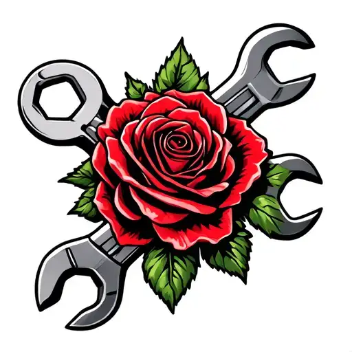 opened ended wrench with name red rose tattoo design idea