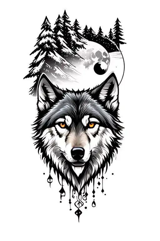 wolf, moon, mountaint, snow tattoo design idea