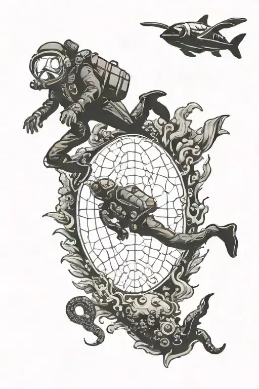 old school scuba diver swiming downward to the under world map tattoo design idea