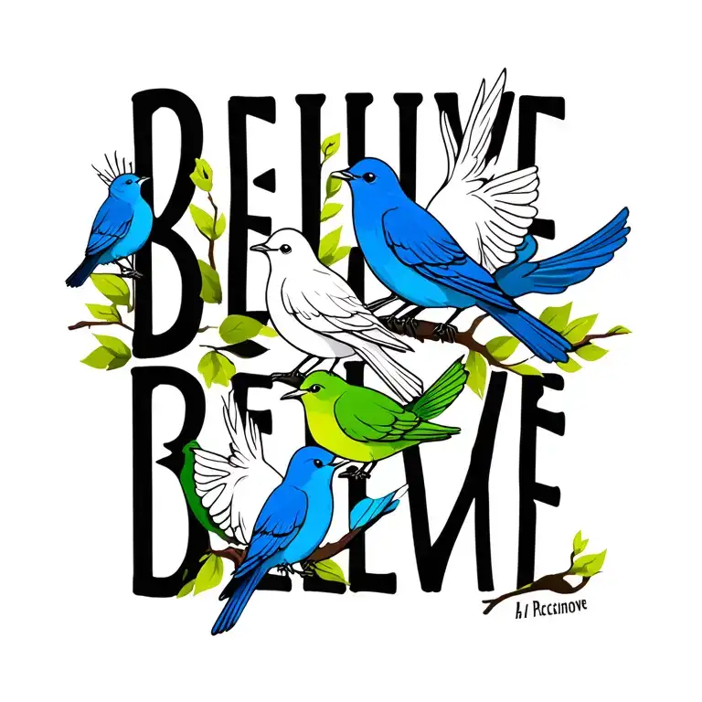 "Believe " word believe with four birds, blue bird ,  white bird and  two green birds smalll ones just outline of bird  tattoo design idea