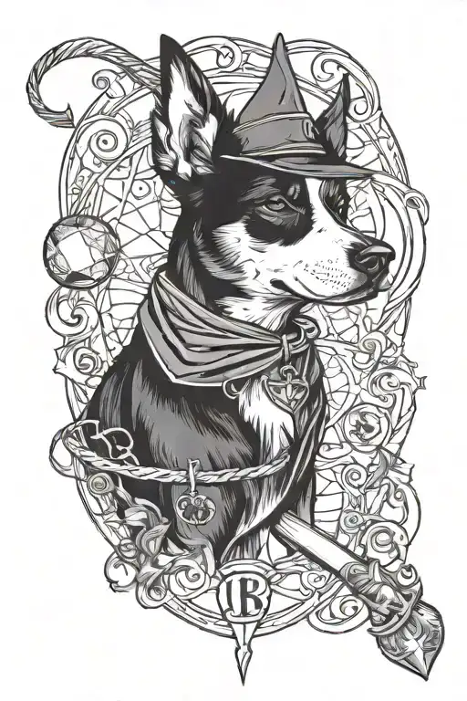 A unique tattoo concept combining the loyalty of dogs with the magical world of Harry Potter, featuring a dog with a wand in its mouth and a paw print shaped like the Deathly Hallows symbol, in black-grey style tattoo design idea