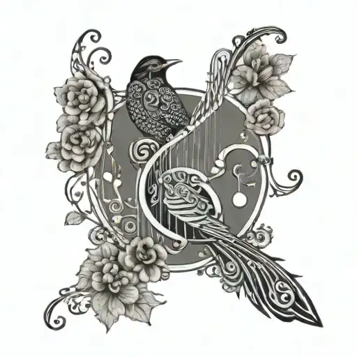 An intricate design featuring a musical staff with bird notes and floral accents, representing the client's love for mus tattoo design idea