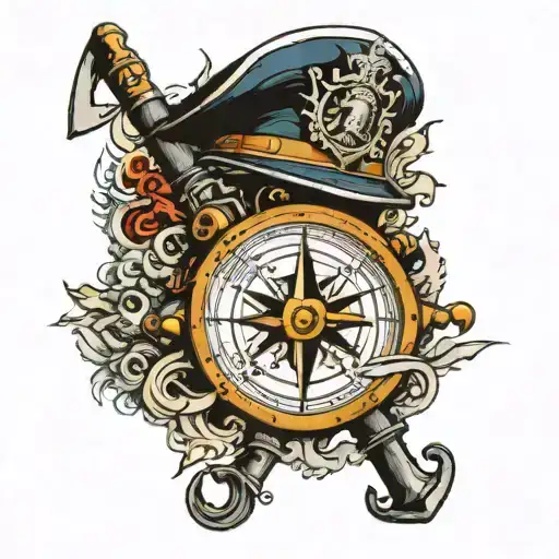 An intricate nautical compass with a firefighting axe and navy diver helmet tattoo design idea