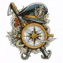 An intricate nautical compass with a firefighting axe and navy diver helmet tattoo design idea