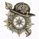 An intricate nautical compass with a firefighting axe and navy diver helmet tattoo design idea