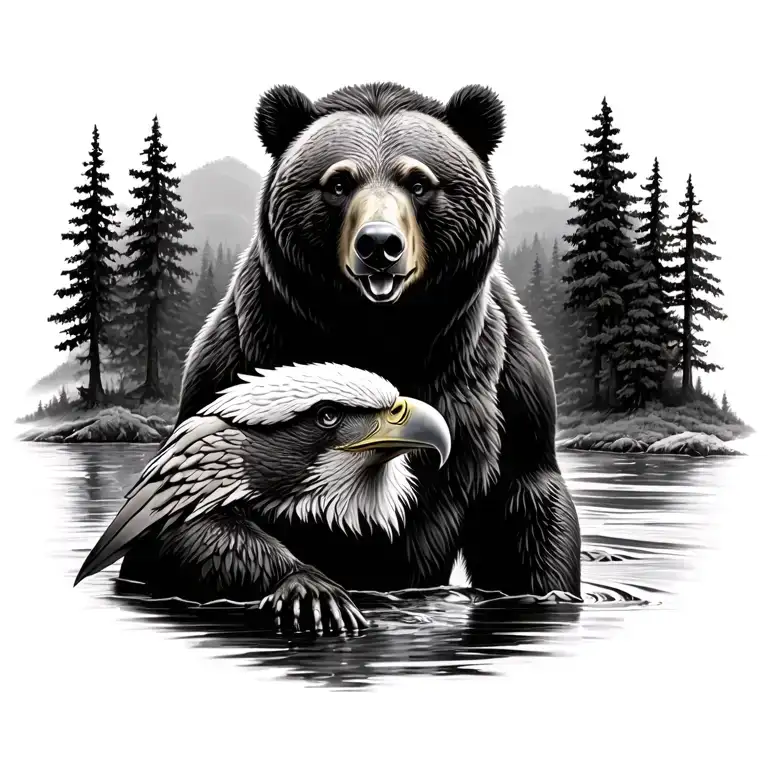 realistic bear on stomach with eagle on chest nature background tattoo design idea