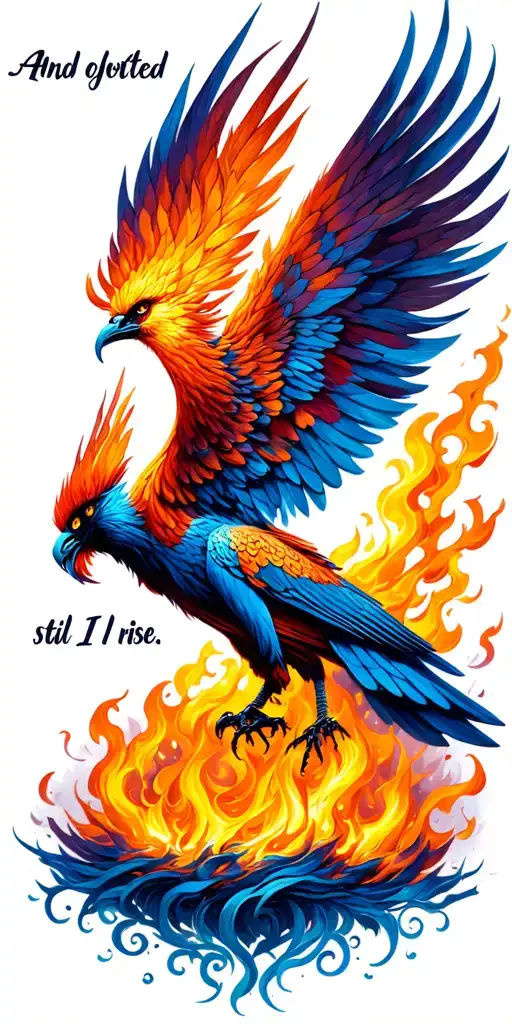 phoenix rising from the ashes with quote "And still I rise" tattoo design idea