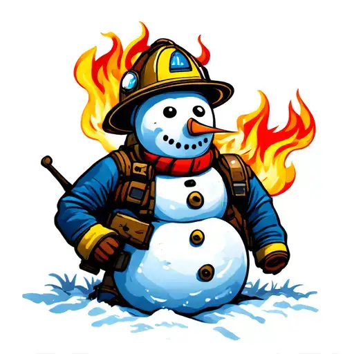  snowman with fire helmet traditional firefighter battling flames tattoo design idea