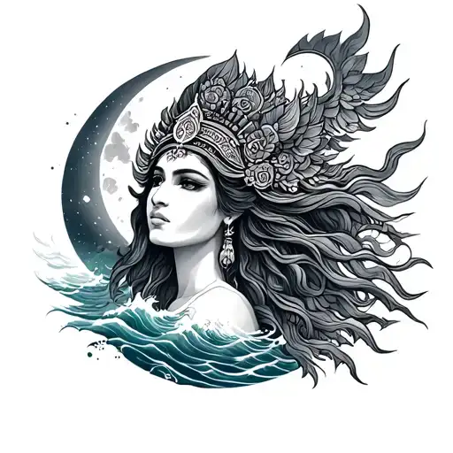 Detailed yemaya tattoo with ocean and moon background  tattoo design idea