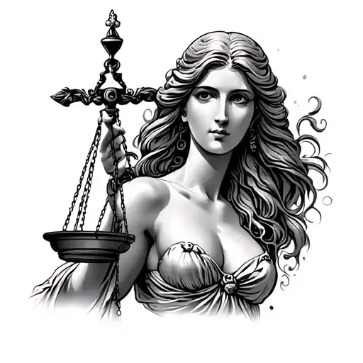 Design a tattoo of Lady Justice, depicted nude, beautiful, and sexy, with long, flowing hair and a confident expression. tattoo design idea