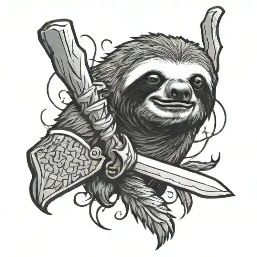sloth with a tomahawk behind it.  tattoo design idea