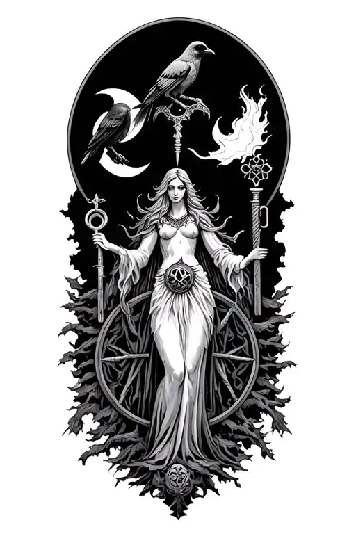elegant Hecate goddess with a crow, key, torch, hecate wheel and the tree moons  tattoo design idea