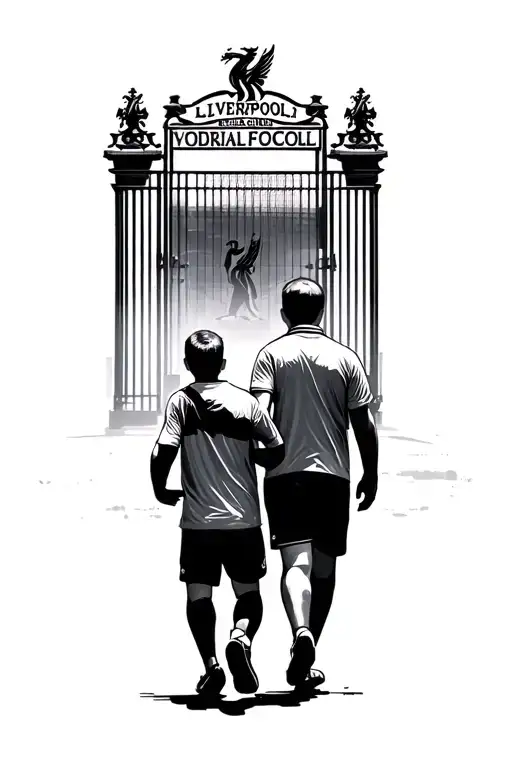 father and son walking towards the gates of Liverpool football club tattoo design idea