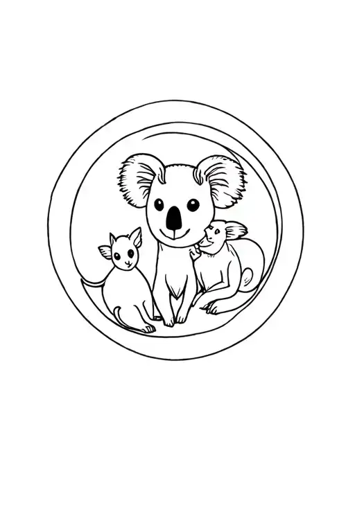 koala circled by cat goat and otter floating tattoo design idea