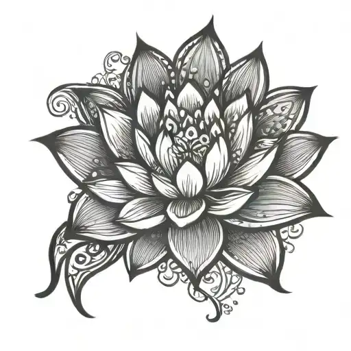 lotus flower with music notes flowing henna inspired patterns tattoo design idea