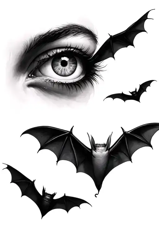 eye and bats flying tattoo design idea