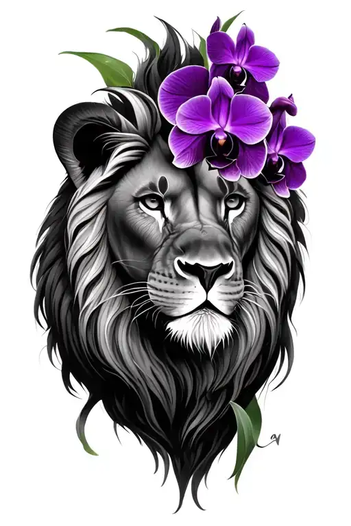 lion with purple orchids tattoo design idea