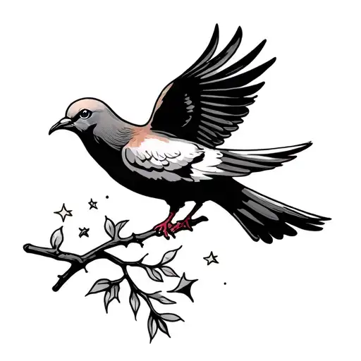 A dove with a branch in its beak and a few stars around it In fine lines without details tattoo design idea