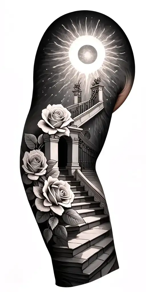 a bunch of roses on the forearm area, a sun on the elbow, and on the upper arm/shoulder a staircase to heaven with gates tattoo design idea