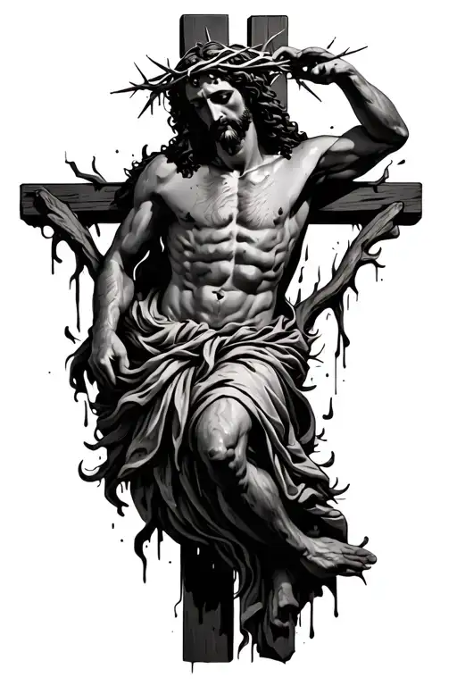 Jesus with bleeding crown of thorns on the cross intertwined tattoo design idea
