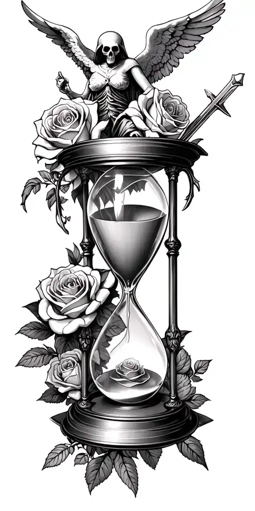 hourglass held by reaper surrounded by roses with a angel with sword above tattoo design idea